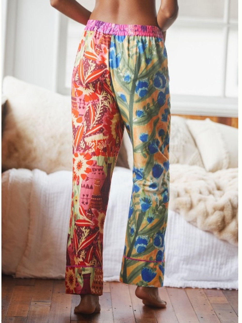 Anthropologie Roeqiya Bloom Flannel Pajama Pants Two-Tone Floral Wide-Leg - Picture 2 of 6